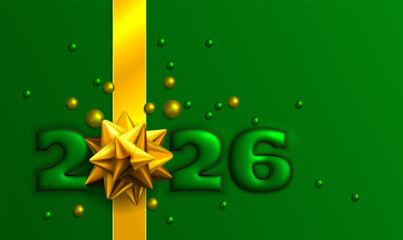 Festive green new year 2026 design with gold ribbon and star elements