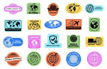 Colorful global shipping and delivery logos collection for worldwide logistics