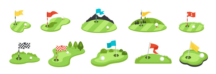 Collection of golf course elements with flags and golf balls