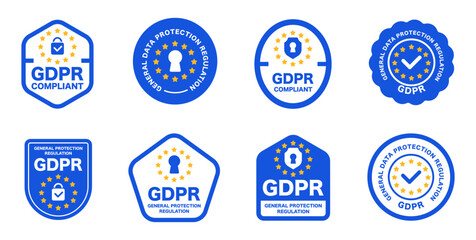 Set of gdpr compliant badges with padlock and stars on blue background