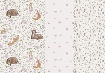 Woodland animals seamless watercolor pattern, cute deer bunny squirrel floral print, handpainted editable psdt design for fabric textile wallpaper wrapping paper