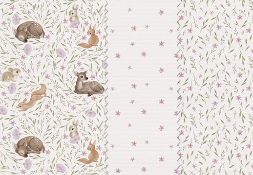Woodland animals seamless watercolor pattern, cute deer bunny squirrel floral print, handpainted editable psdt design for fabric textile wallpaper wrapping paper