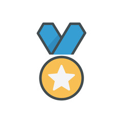 Vector illustration of a gold medal with a white star and blue ribbon, symbolizing achievement, success, quality guarantee, and victory in competition.