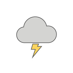 Vector illustration of a grey cloud with a yellow lightning bolt, symbolizing thunderstorm weather, warning, energy, power, and environmental conditions.