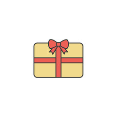 Vector illustration of a classic gift box wrapped in yellow paper with a red ribbon and bow, symbolizing holidays, celebration, surprise, and giving.