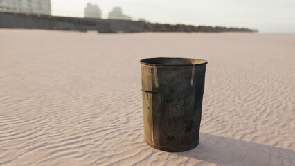 Naklejka premium A lonely rusty trash can rests on the smooth sand of an empty beach. Soft waves lap at the shore as the sun sets, casting warm hues across the scene. Soft footprints trail behind.