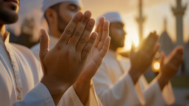 Group of men in traditional clothing raising their hands in prayer at sunset, creating a serene and spiritual moment of worship and unity.