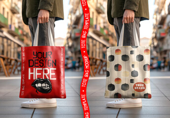Tote Bag Mockup Held in Urban Street Setting - Customizable PSD