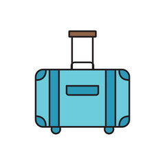 Vector illustration of a blue rolling suitcase or travel luggage, symbolizing vacation, journey, business trip, airport, and packing.