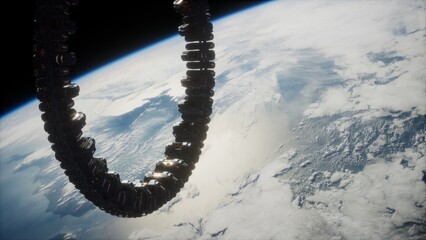 A large, circular space structure floats in orbit, surrounded by the vastness of space. Below, Earth reveals its stunning clouds and oceans in a breathtaking scene of cosmic harmony.