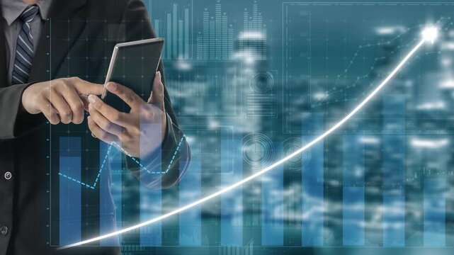 Business professional analyzes financial data using a smartphone in a modern office, surrounded by dynamic graphics depicting growth trends and success. Copula - Powered by Adobe