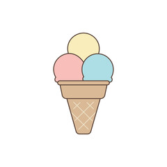 Vector illustration of a waffle cone with three colorful scoops of ice cream, symbolizing summer dessert, sweet treat, and refreshment.
