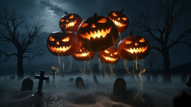 Floating Jack-o'-lanterns with glowing evil faces hover over a foggy cemetery at night. Spooky Halloween celebration scene. Tilting and panning camera movement.