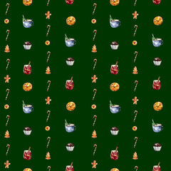 Watercolor Christmas seamless pattern with festive food and drinks, mulled wine, cocoa, cupcakes, gingerbread cookies, candy canes, and oranges. Perfect for wrapping paper, textiles, or holiday decor.