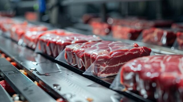 Fresh cuts of meat are neatly arranged on a conveyor belt in a food factory. Each piece is carefully vacuum sealed, ready for distribution