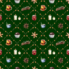 Watercolor Christmas seamless pattern with festive food and drinks, mulled wine, cocoa, cupcakes, gingerbread cookies, candy canes, and oranges. Perfect for wrapping paper, textiles, or holiday decor.