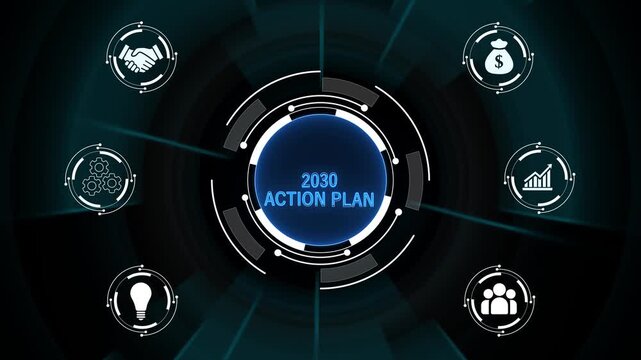 2030 Action Plan hologram concept. performance metrics, and business insights from large data sets ,network , business ,technology concept