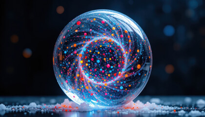 Mesmerizing frozen polka dot sphere glimmers with vibrant colors against dark backdrop