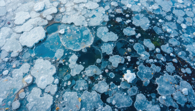 Frozen polka dots of ice float gracefully on deep blue surface creating stunning visual