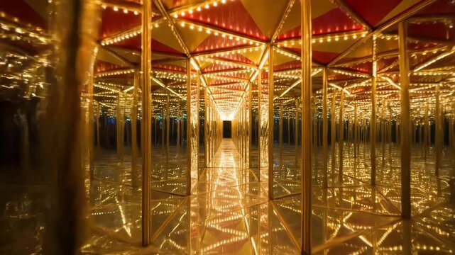 Disorienting Mirror Maze with Infinite Golden Reflections and Geometric Lights
