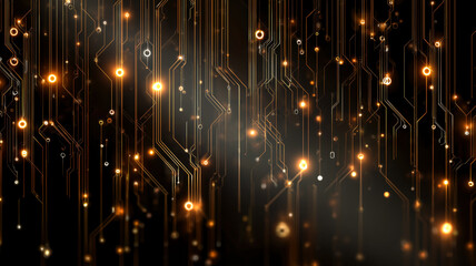 Abstract circuit board design with glowing nodes and lines suggesting technology, connection, and innovation on a black background.