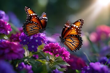 Fototapeta premium Colorful monarch butterflies drinking nectar in a vibrant garden at sunset