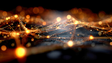 Abstract glowing network with connected nodes and data streams on a dark surface, representing connectivity, communication, and future.