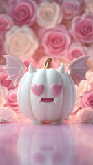 3d white pumpkin with pink heart-shaped wings, heart-shaped eyes, and fangs, in a cute cartoon style, against a roses background 