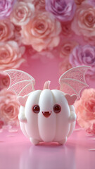 3d white pumpkin with pink heart-shaped wings, heart-shaped eyes, and fangs, in a cute cartoon style, against a roses background 