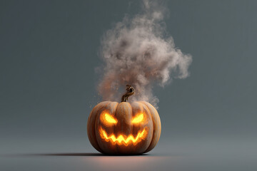 3d render of a pumpkin with a grinning face and glowing eyes, with smoke coming out from the top of the head, isolated on a grey background
