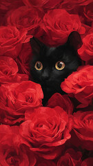 Black cat on red rose petals