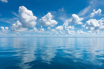 A clear, light blue sky with fluffy clouds, a serene sea horizon, and crystal-clear water 