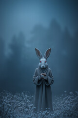 A rabbit with red eyes, dressed in a dark gray cloak and pants, stands on a dark field, holding a coffee cup