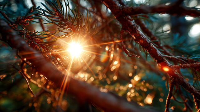Golden sunlight filters through evergreen branches creating a beautiful, ethereal scene in a tranquil forest. Nature's beauty shines through. - Powered by Adobe
