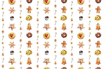 Watercolor Christmas seamless pattern with festive sweets, cupcakes, gingerbread cookies, candy canes, dried oranges, and holiday treats. Perfect for wrapping paper, textile, wallpaper, festive decor.