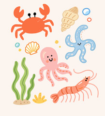 Naklejka premium Adorable Ocean Creatures Crab, Starfish, Octopus and Shrimp