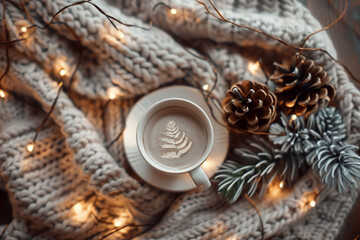 Cozy Christmas background with knitted blanket, cup of cocoa, pine cones and fairy lights, warm tones, soft focus, flat lay, lifestyle aesthetic
