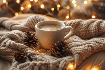 Cozy Christmas background with knitted blanket, cup of cocoa, pine cones and fairy lights, warm tones, soft focus, flat lay, lifestyle aesthetic