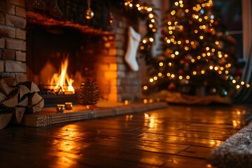Cozy Christmas living room background with fireplace