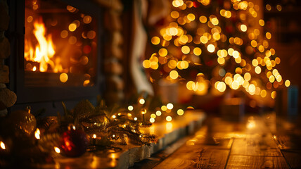 Cozy Christmas living room background with fireplace