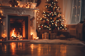 Cozy Christmas living room background with fireplace
