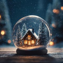A christmas snow globe with a house inside, warm lights, and christmas decorations inside the glass ball on a wooden stand. a cozy winter scene, close-up shot, festive background, warm lighting