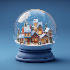 A snow globe with snow, stars, inside is a small house and trees on a solid background	