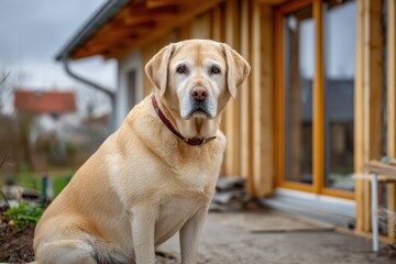 A calm yellow Labrador Retriever dog with a red collar sits outside.