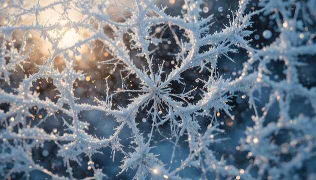 Closeup of frostcovered branches glistening in the winter sunlight