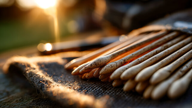 A set of wooden styluses bundled together, bathed in the warm glow of sunlight on textured fabric, ready for calligraphy practice.