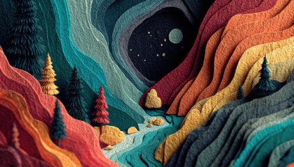 Colorful layered landscape with trees, river, night sky