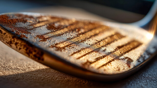 A close up view shows a rusted metal blade tool, with parallel lines on its surface reflecting warm sunlight. The texture is rough.
