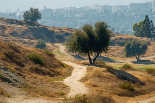 Vibrant Daytime View of Kenneth Hahn State Recreation Area in Baldwin Hills, Los Angeles: A Stunning Contrast of Nature and Urban Life