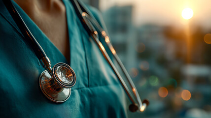 A close-up shot features a healthcare professional in blue scrubs with a stethoscope against an out-of-focus cityscape backdrop.